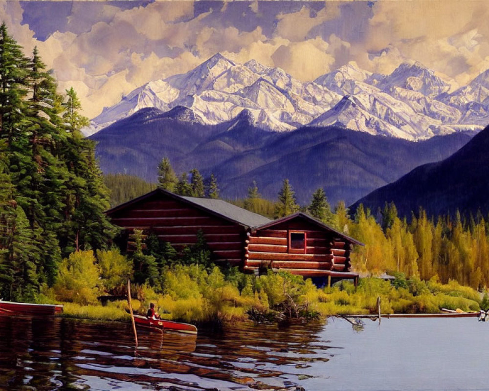 Tranquil landscape painting: lake, canoes, log cabin, evergreens, snow-capped