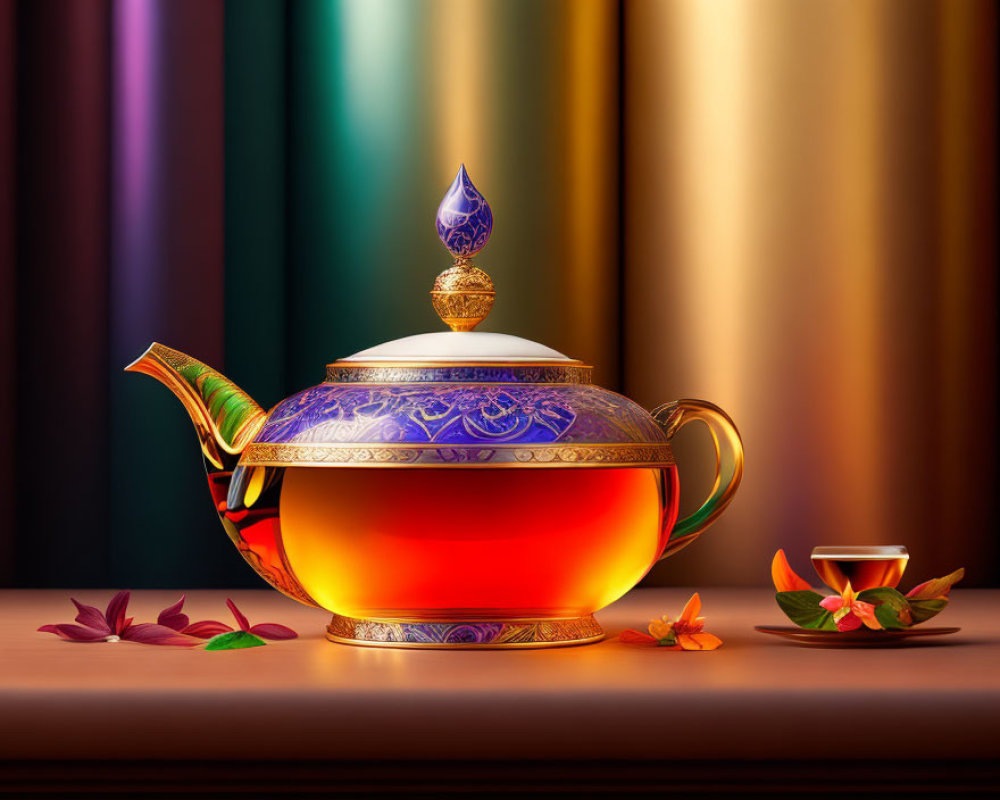 Ornate Teapot with Warm Infusion on Table with Colorful Drapes and Autumn Leaves