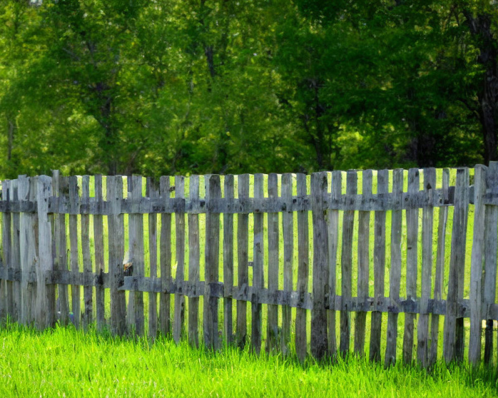Weathered wooden fence in green field with summer trees.