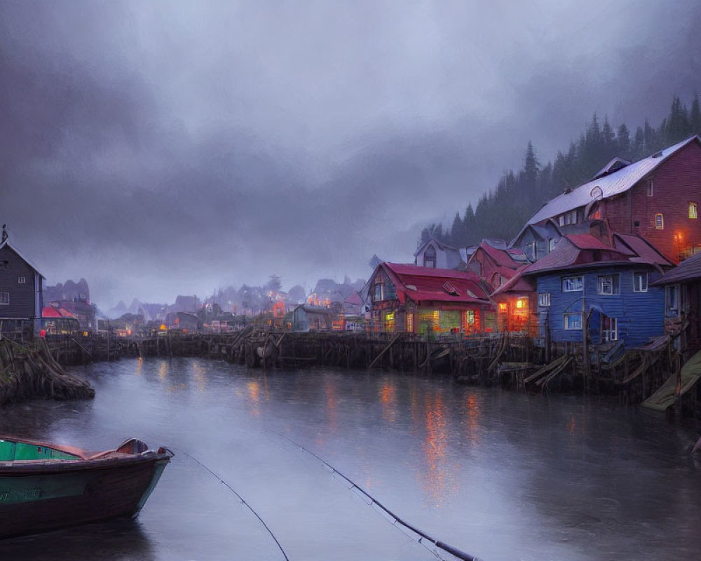 Colorful waterside village with moored boat under overcast sky