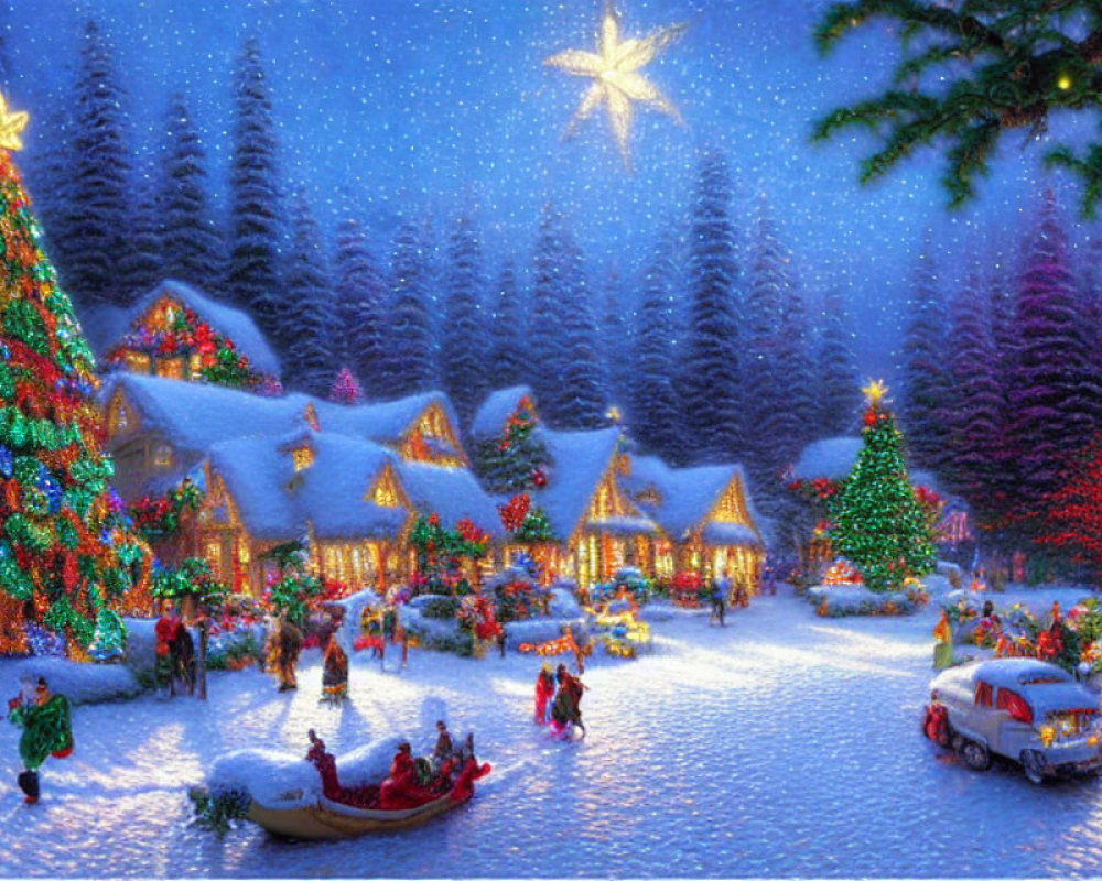 Snow-covered village with Christmas lights, sleigh ride, and starry sky