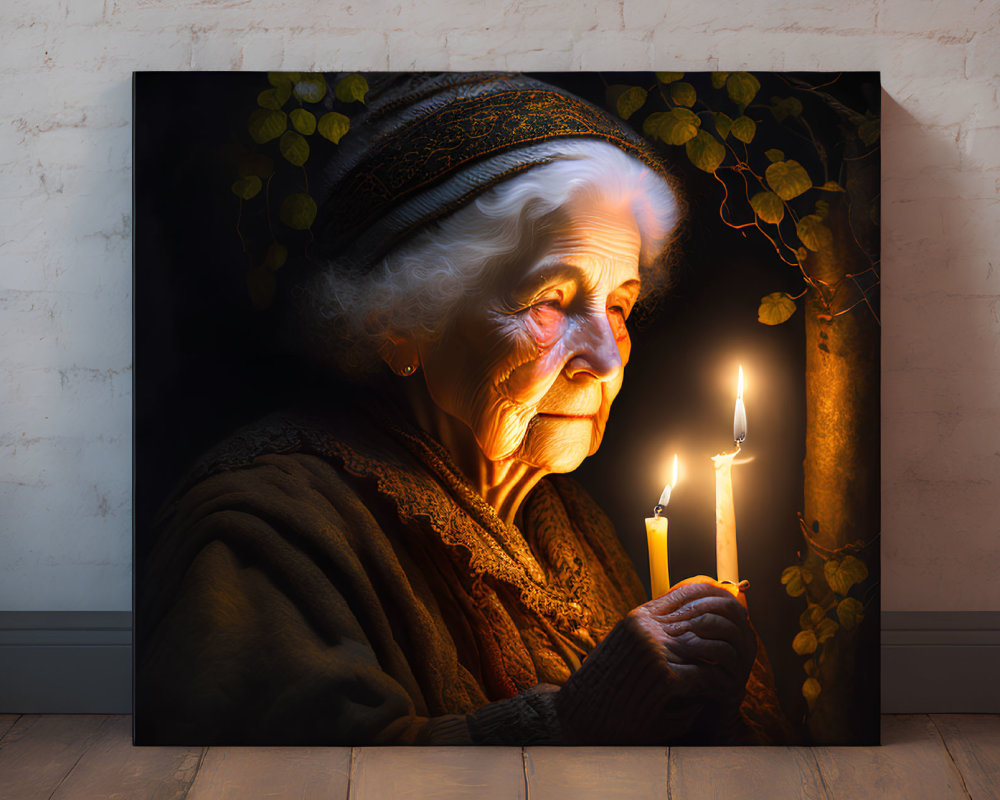 Elderly woman in headscarf gazes at lit candle in dark setting