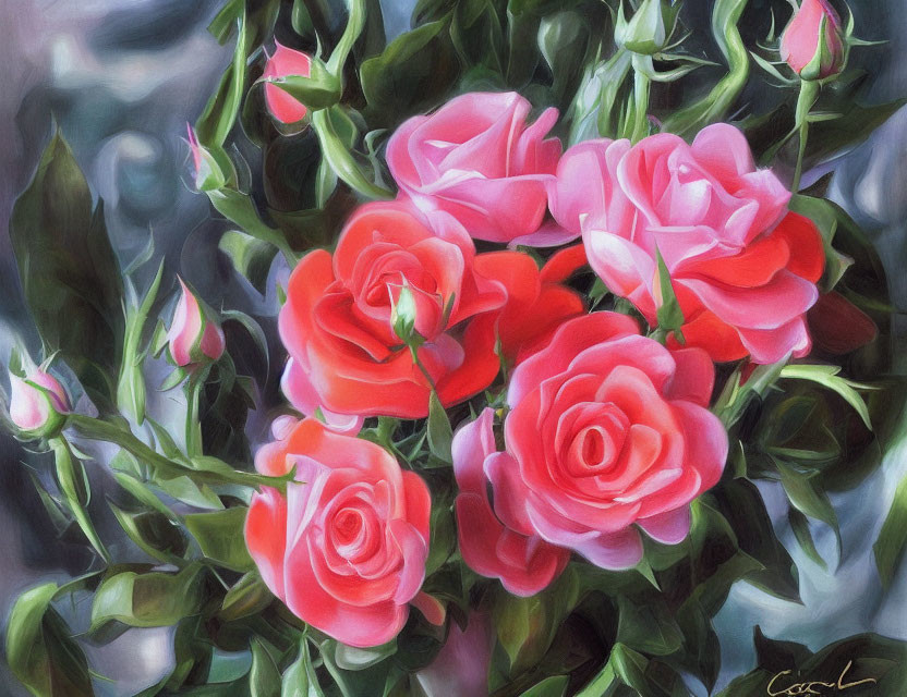 Colorful painting of pink roses with green leaves on soft-focus backdrop