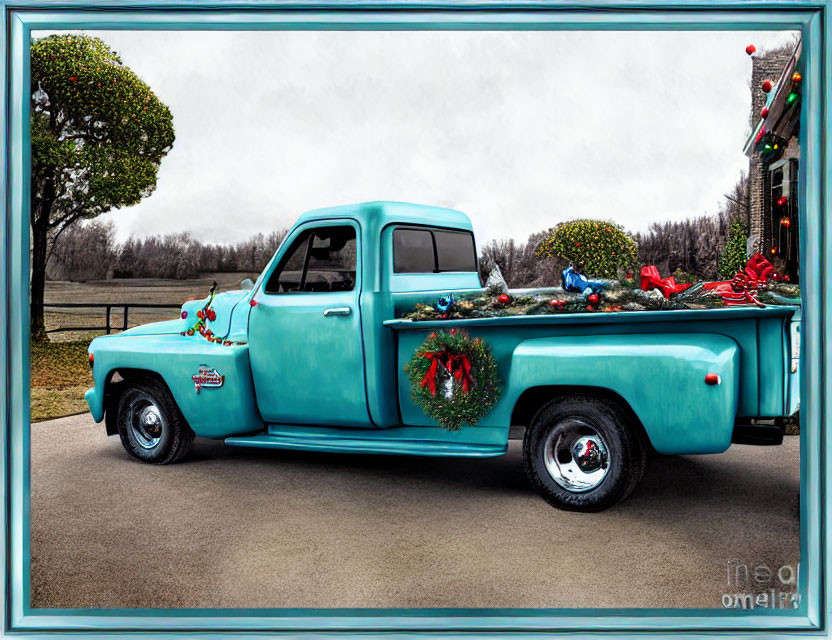 Vintage Teal Pickup Truck Decorated for Christmas on Paved Surface