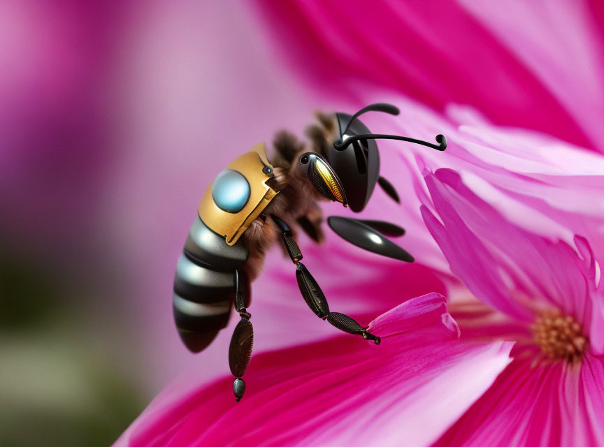 Detailed bee with shiny body on pink flower with soft-focus background