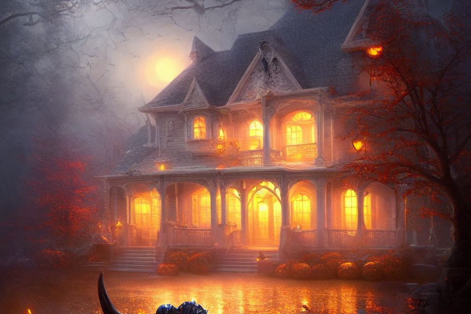 Victorian house at dusk with full moon, eerie trees, misty ambiance