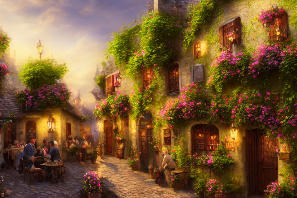 Historic cobblestone street with ivy-covered buildings and blooming flowers.