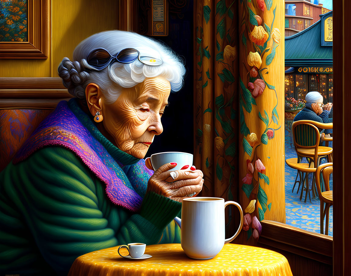 Elderly lady with white hair and glasses sipping from red cup at cafe