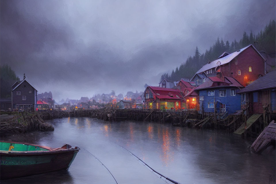 Colorful waterside village with moored boat under overcast sky