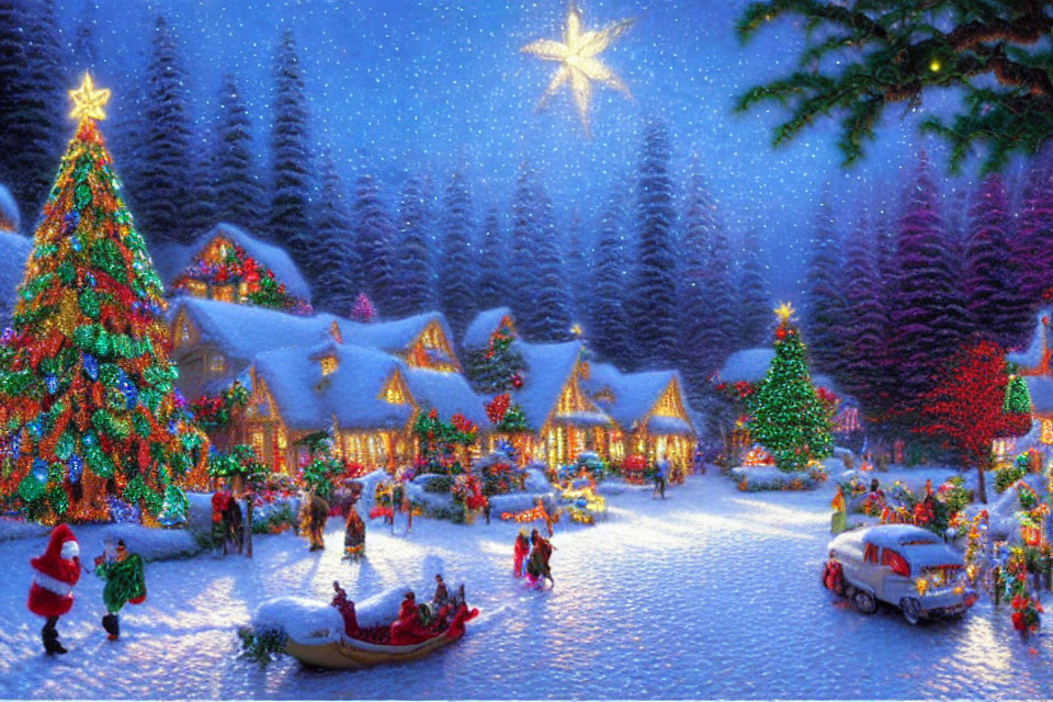 Snow-covered village with Christmas lights, sleigh ride, and starry sky