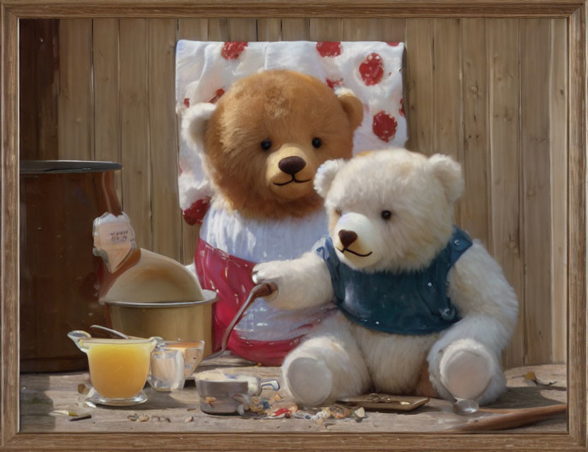 Plush Teddy Bears Making Honey in Rustic Setting