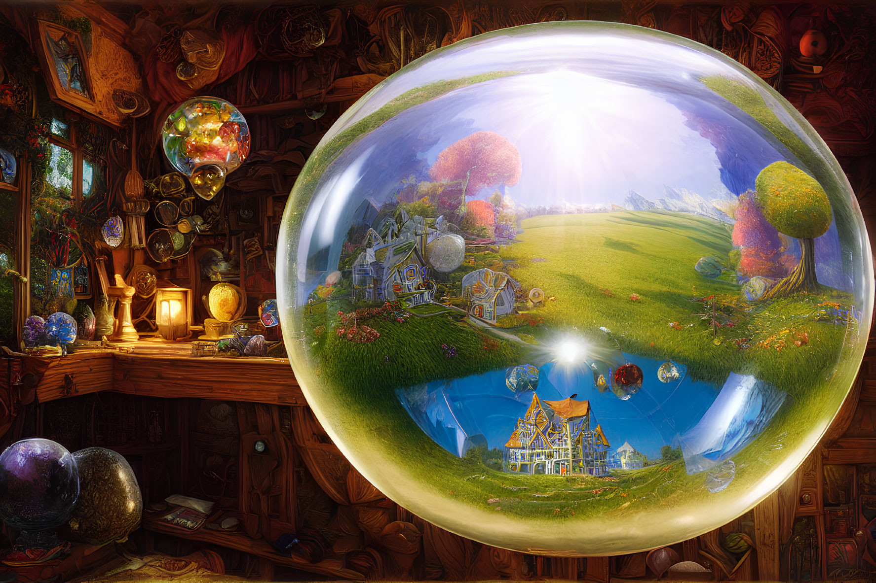 Fantasy artwork of magical room with crystal ball and whimsical landscape