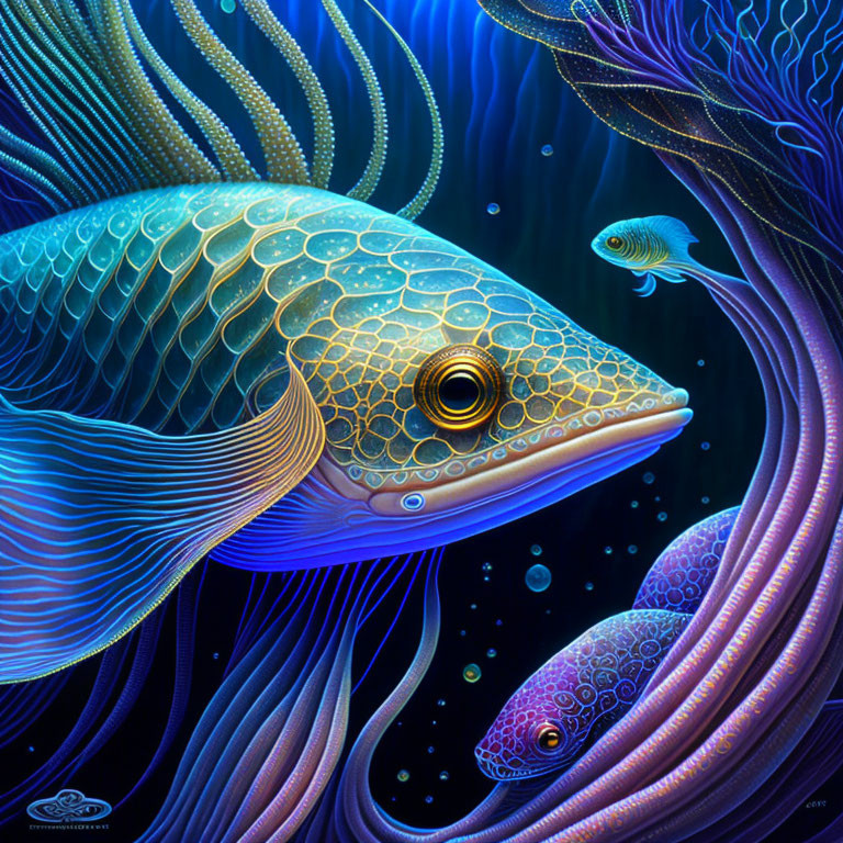 Colorful Digital Artwork of Large Patterned Fish in Luminescent Scales Swimming in Deep Blue