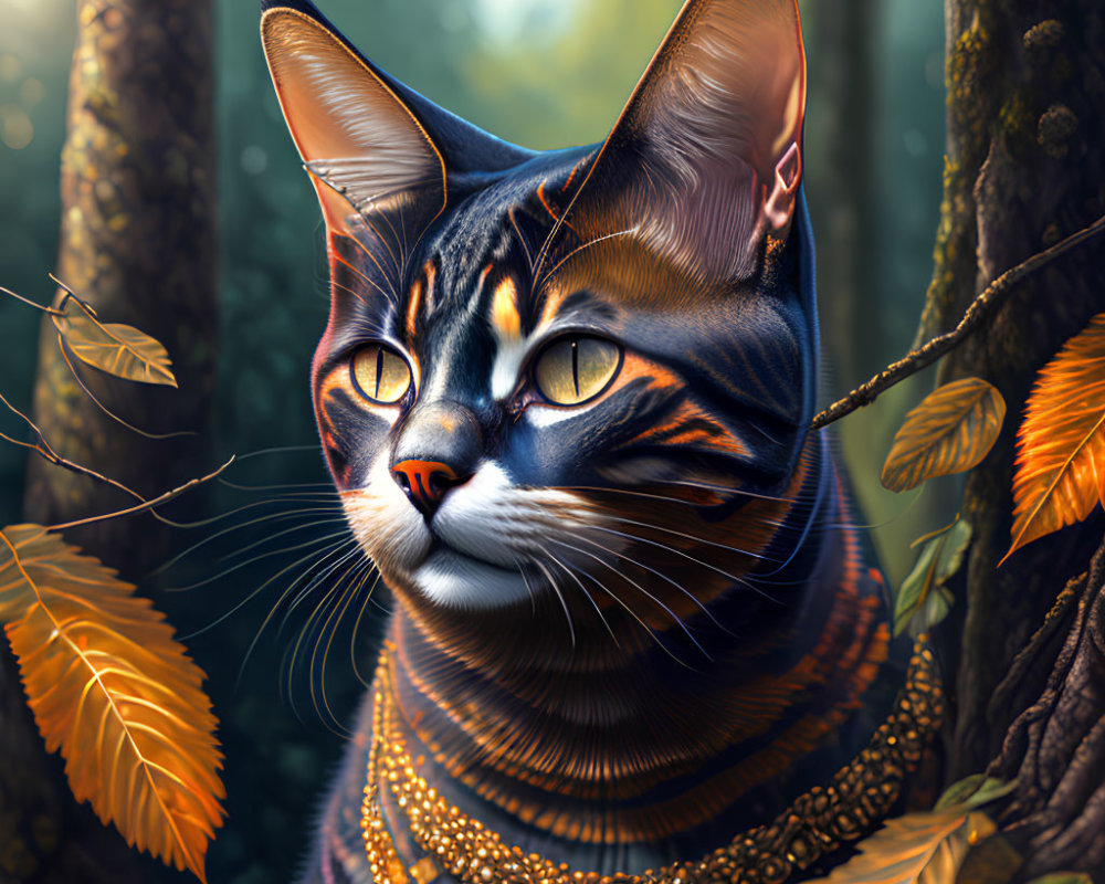 Anthropomorphic cat digital artwork with intricate markings in dreamy forest.