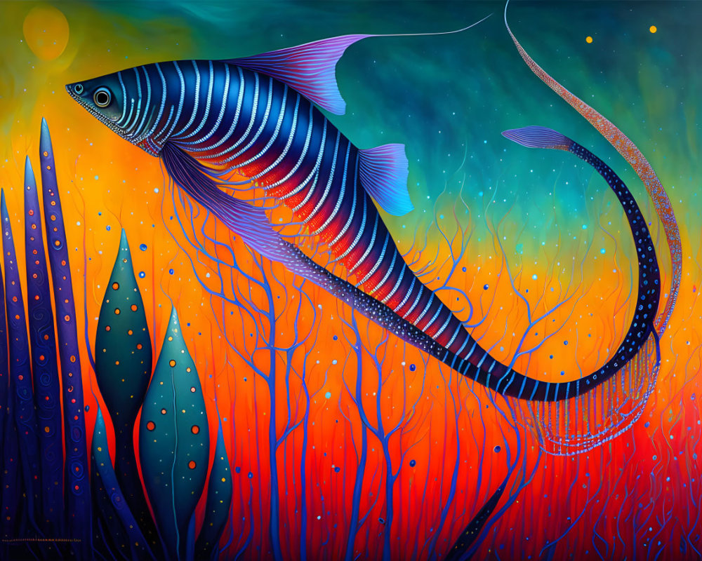 Colorful Fish Artwork Swimming Above Coral Reef under Starry Sky