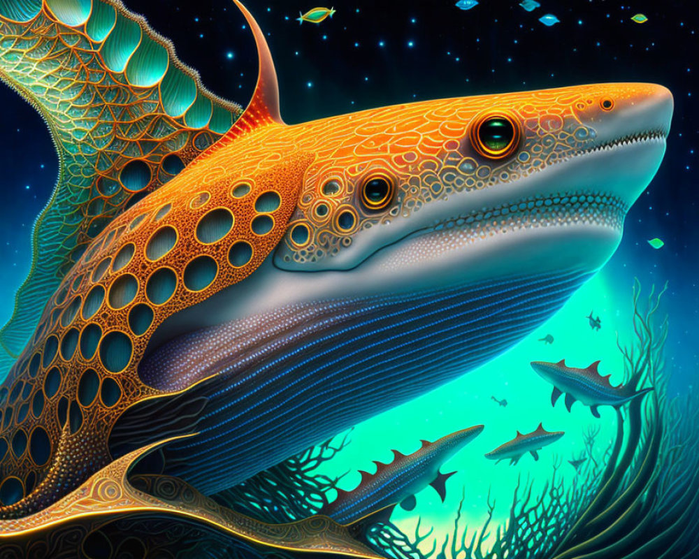 Colorful Shark Artwork with Undersea Life and Corals