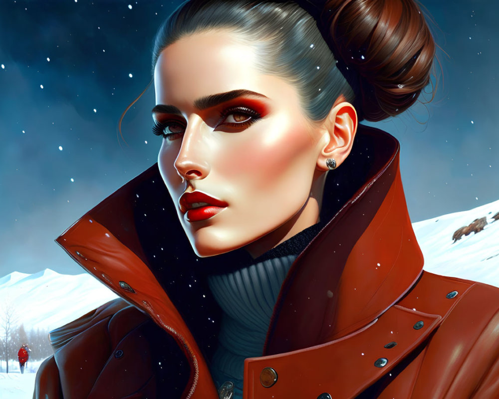 Digital illustration of woman in brown jacket with bun hairstyle, snowy landscape & bison.