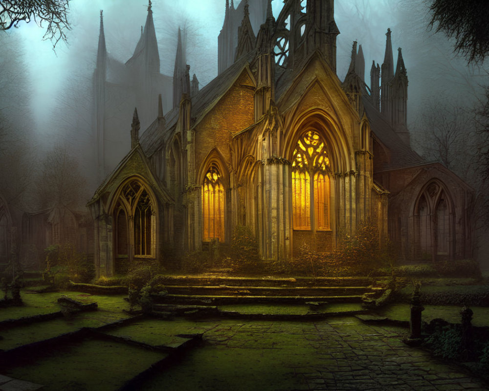 Gothic Church with Illuminated Stained Glass Windows in Foggy Setting