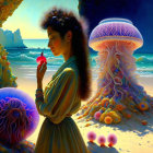 Woman holding an apple by fantastical seaside with vibrant jellyfish and surreal coastal backdrop