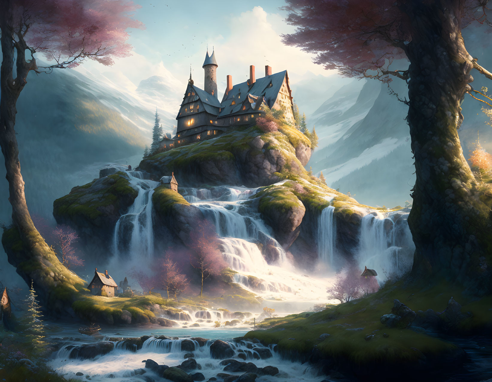 Grand castle on lush waterfall in fantasy landscape