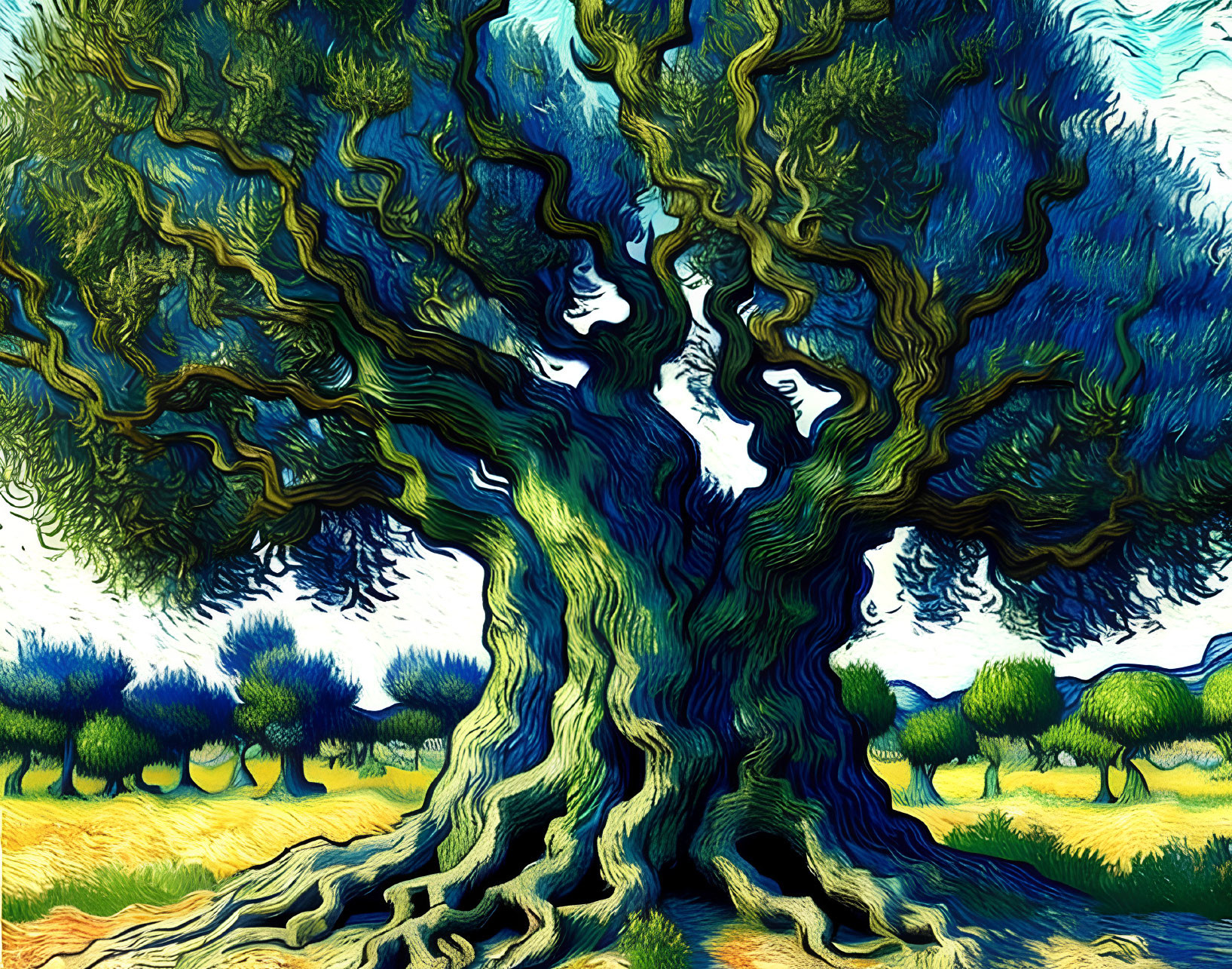 Colorful painting of ancient tree in Van Gogh style