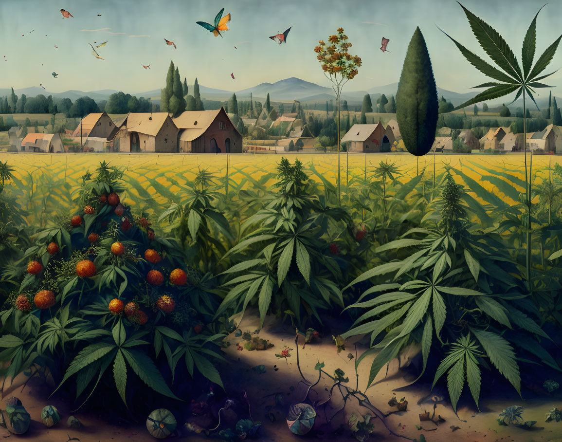 Surreal landscape with oversized cannabis plants, butterflies, floating elements, and rural buildings under blue sky