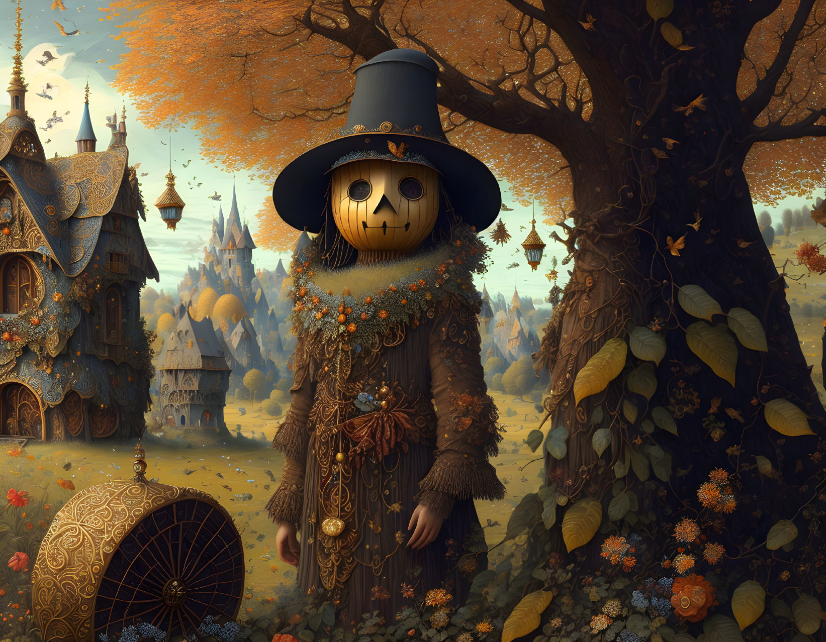 Autumn-themed fantasy landscape with scarecrow, castle, and fall foliage
