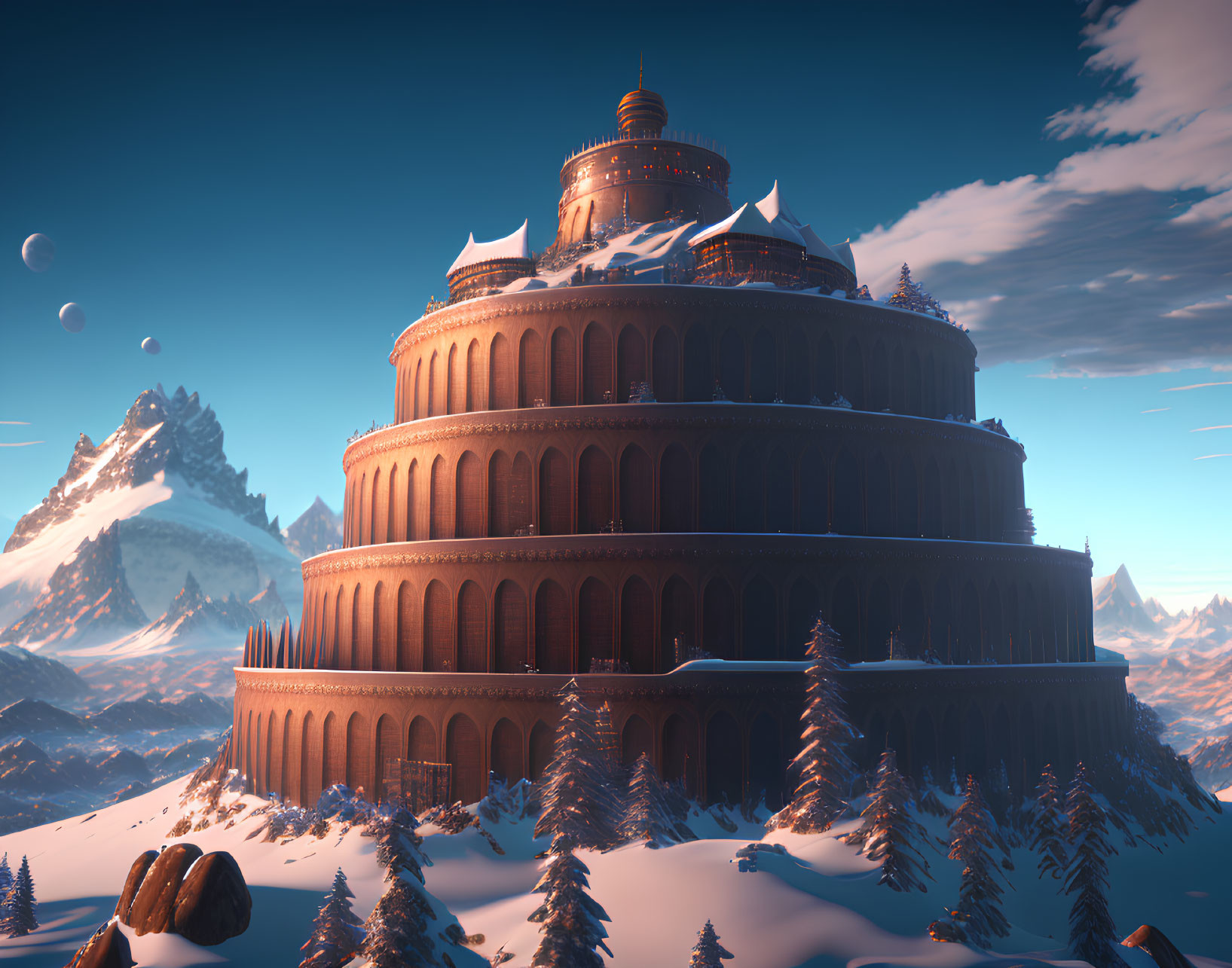 Circular Multi-tiered Building in Snowy Landscape with Mountains and Planets