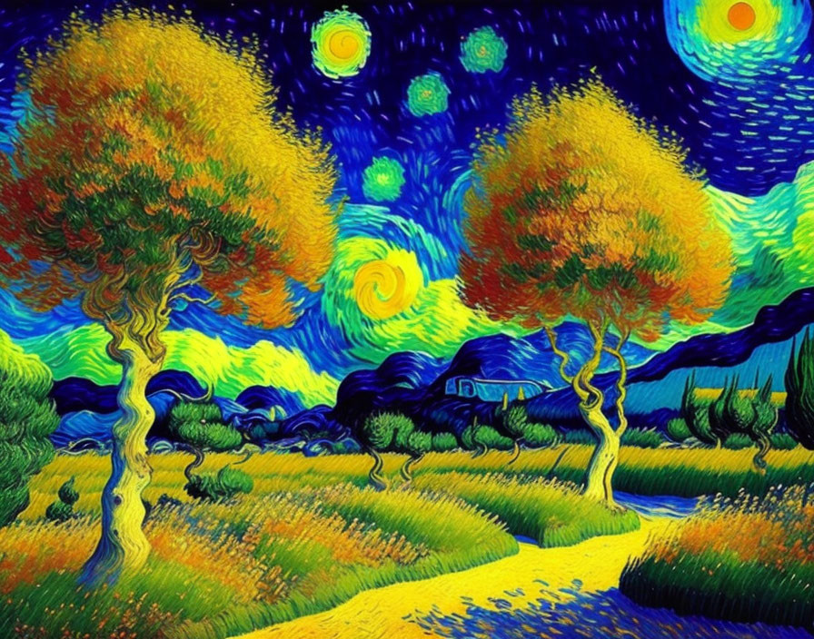 Colorful post-impressionist painting with blue sky, stars, yellow path, and cypress trees