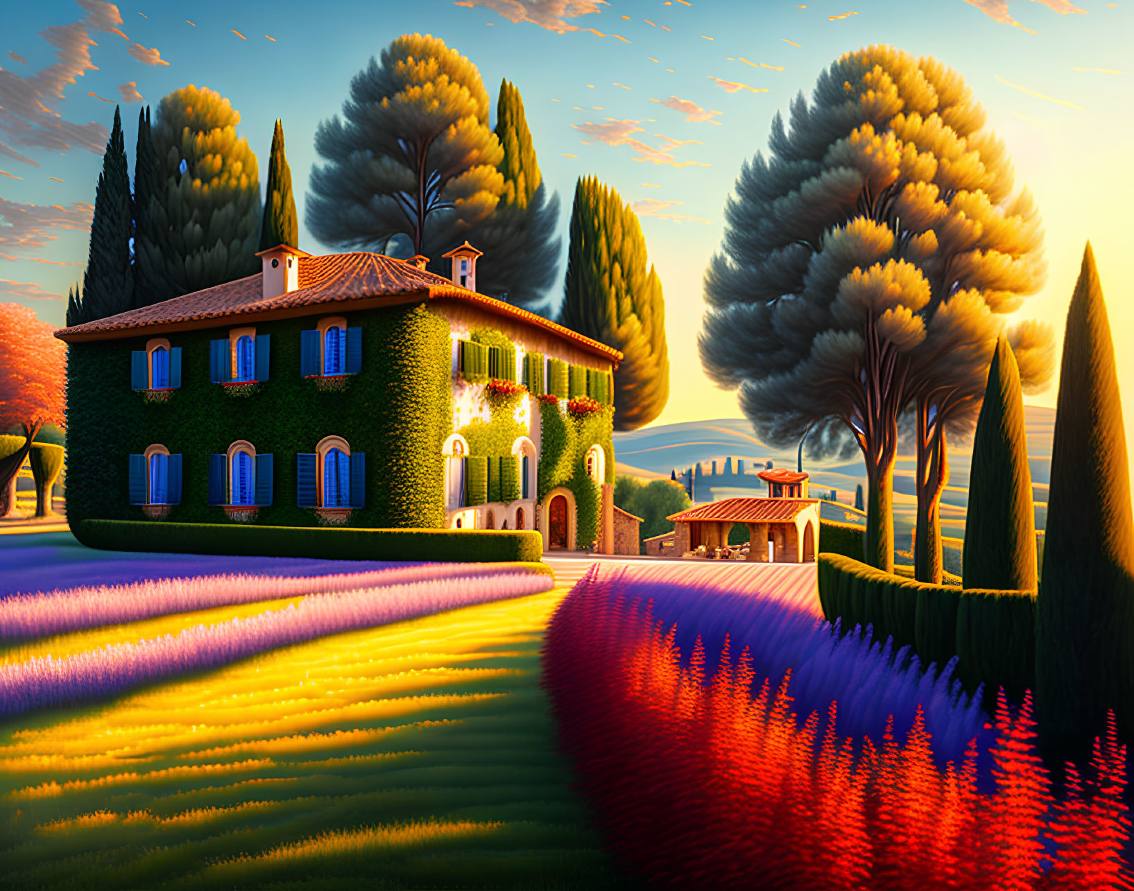 Colorful illustration of ivy-covered villa in vibrant landscape