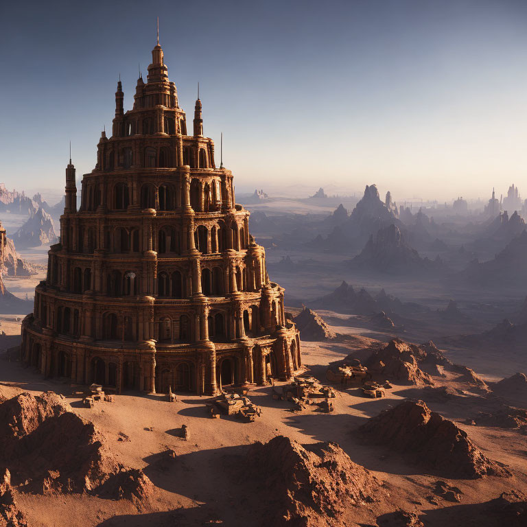 Ancient civilization tower in desert landscape