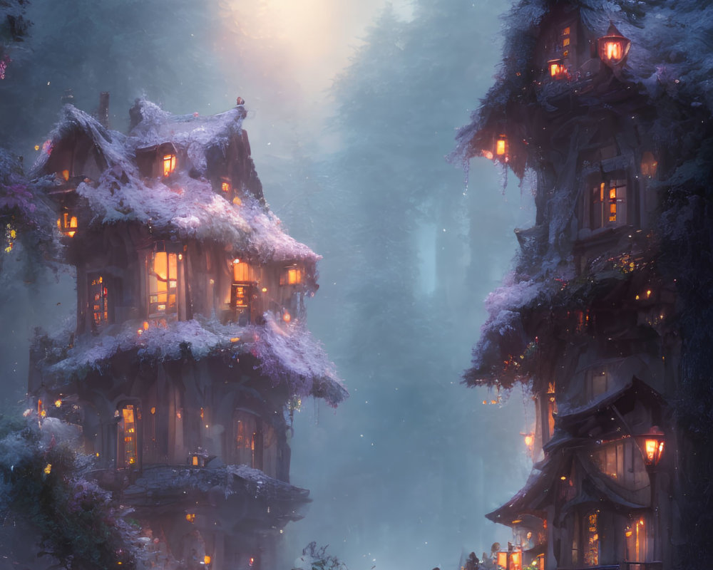 Snow-covered village at twilight with cozy treehouses in serene forest