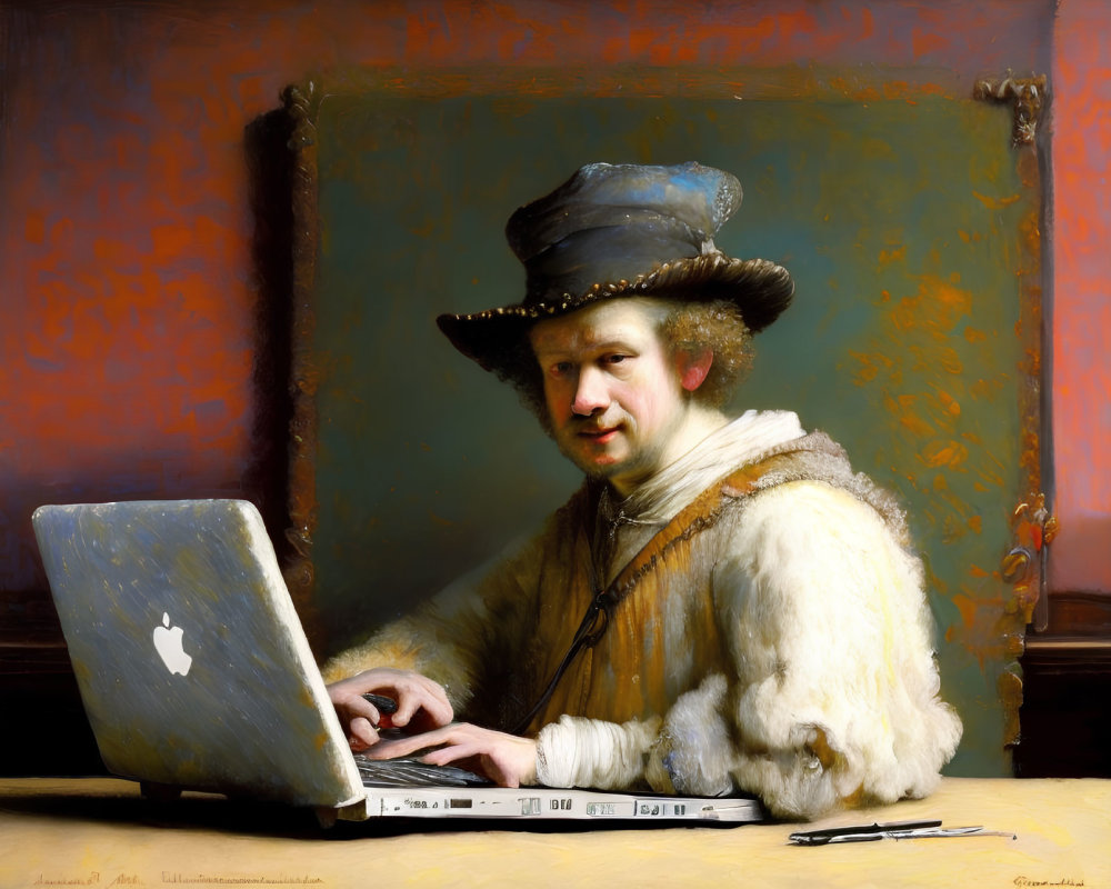 Classic painting merged with modern laptop in unique blend
