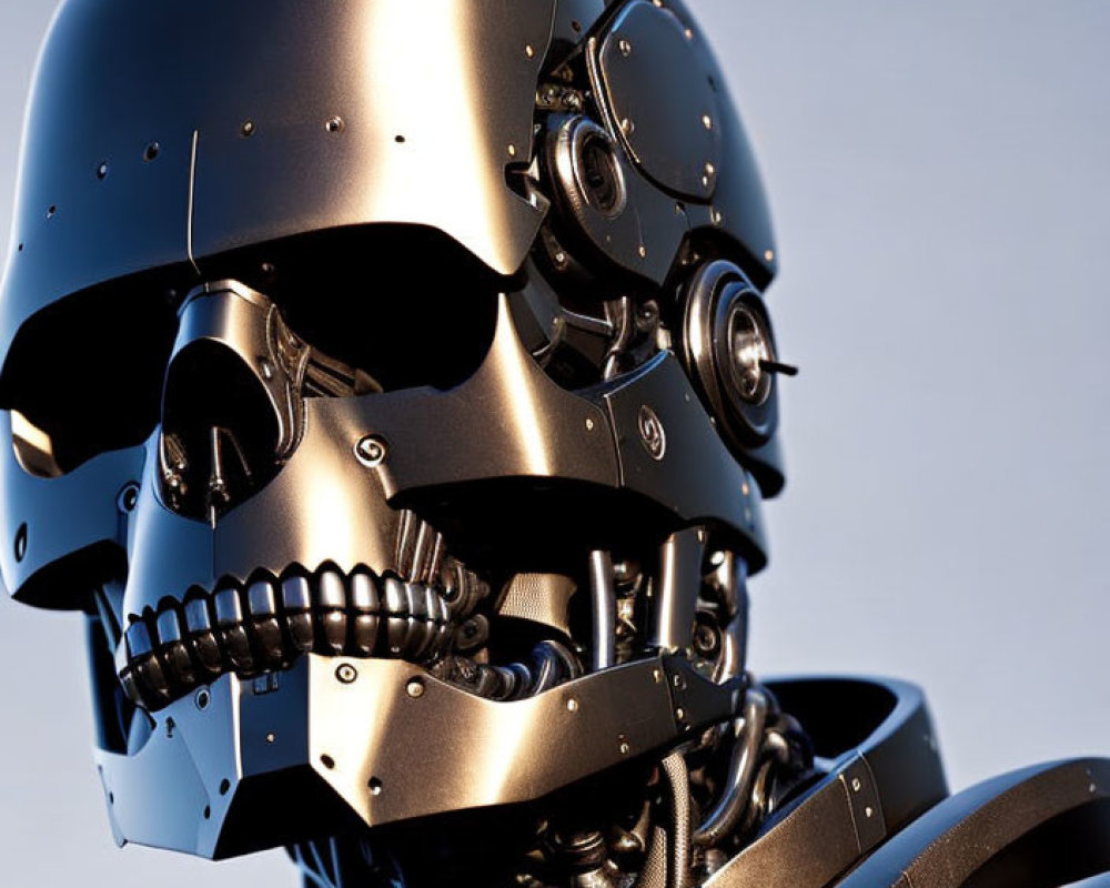 Detailed futuristic robot head with metallic finish and dark visor lenses.
