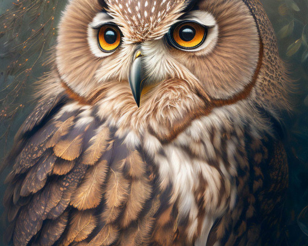 Detailed illustration of majestic owl with brown feathers and orange eyes in foliage.
