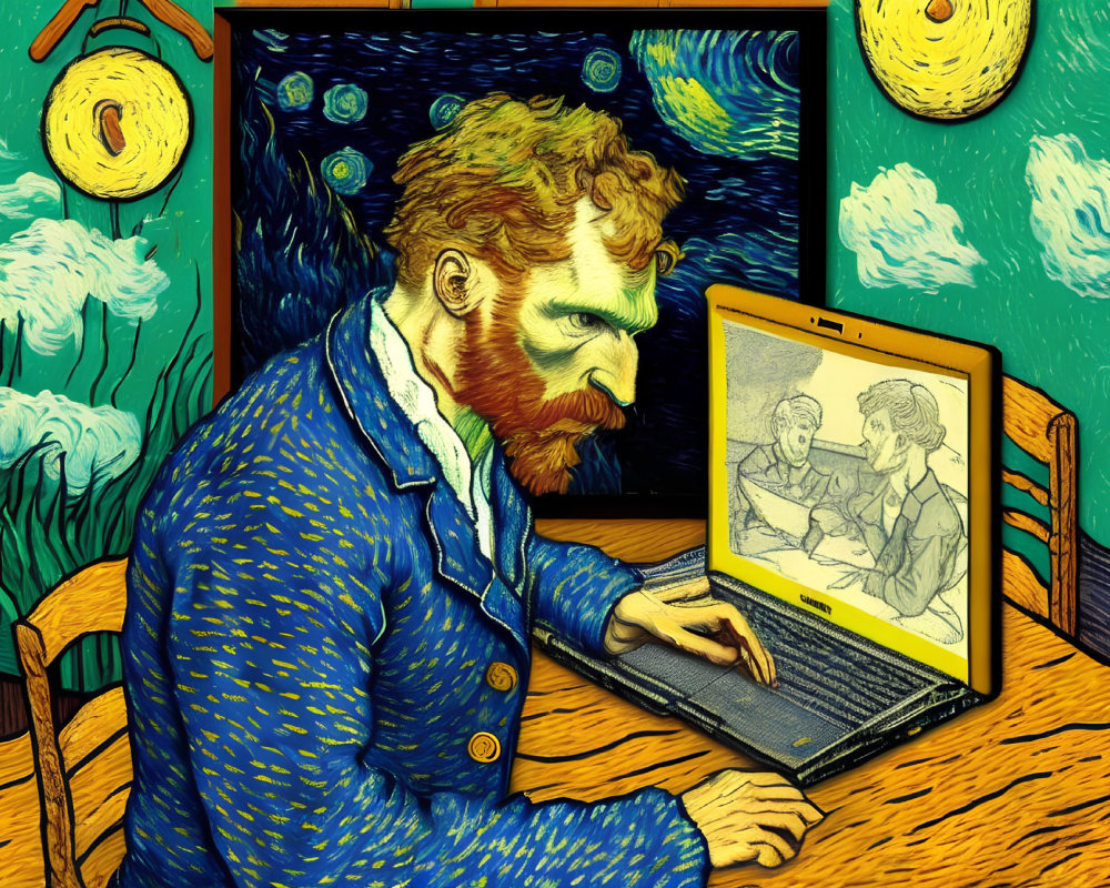 Illustration of Bearded Man at Laptop with Starry Night Elements
