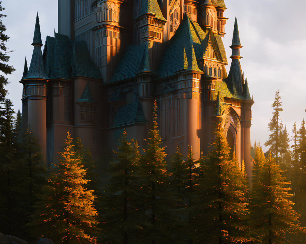Majestic Castle with Towering Spires in Golden Sunset Forest
