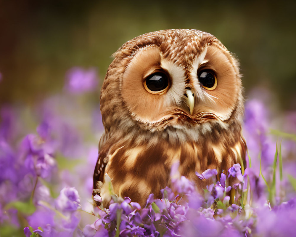 Brown owl with captivating eyes in vibrant purple flowers