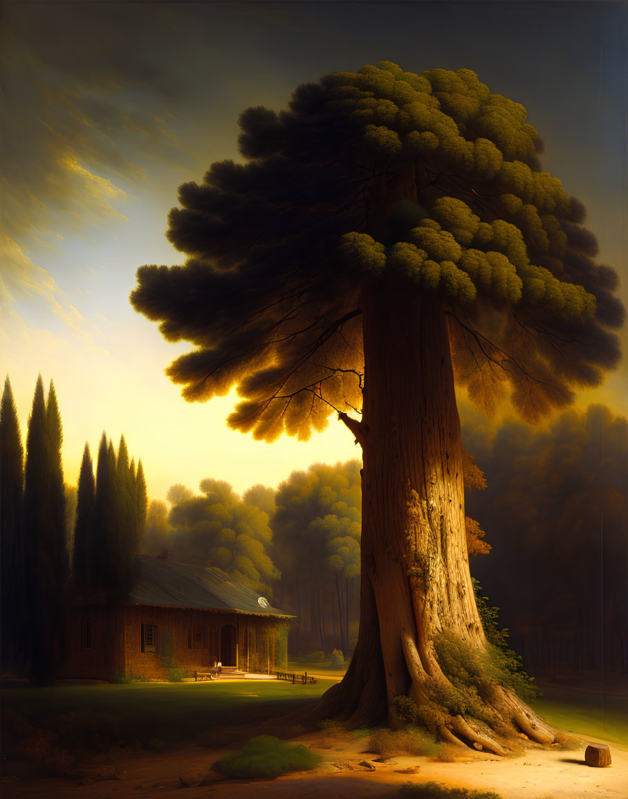 Majestic tree with voluminous canopy near cozy cottage at dusk