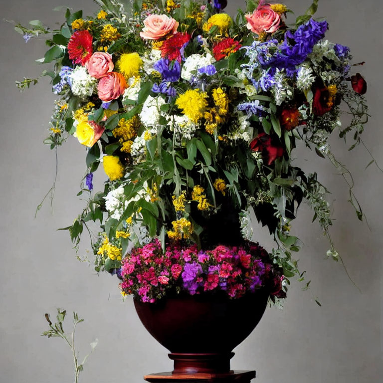 Colorful Floral Arrangement in Dark Vase on Grey Background