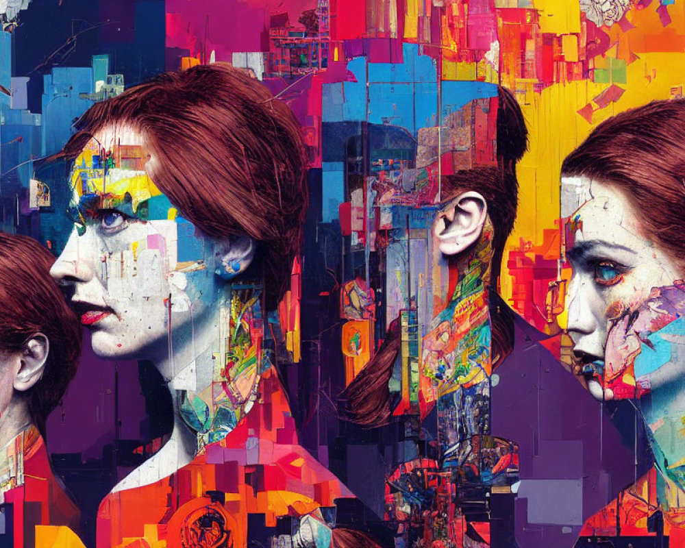 Vibrant collage artwork featuring two women profiles and abstract cityscape in blue, red, and yellow