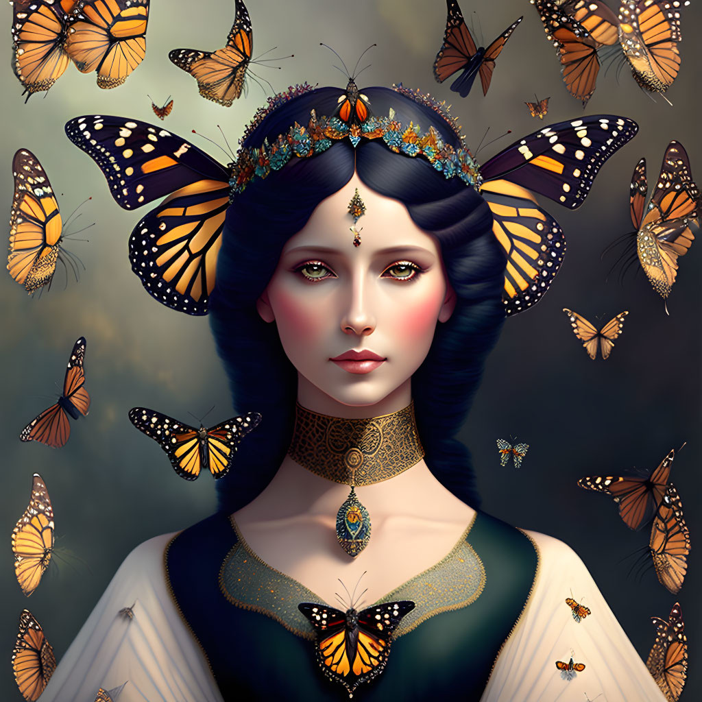 Digital art portrait featuring woman with blue-black hair, adorned with butterflies and jeweled accessories.