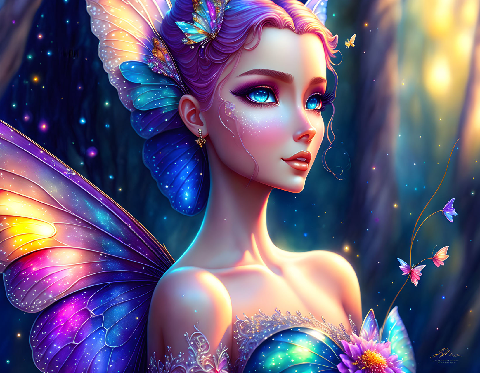 Colorful fairy with butterfly wings in magical forest scene