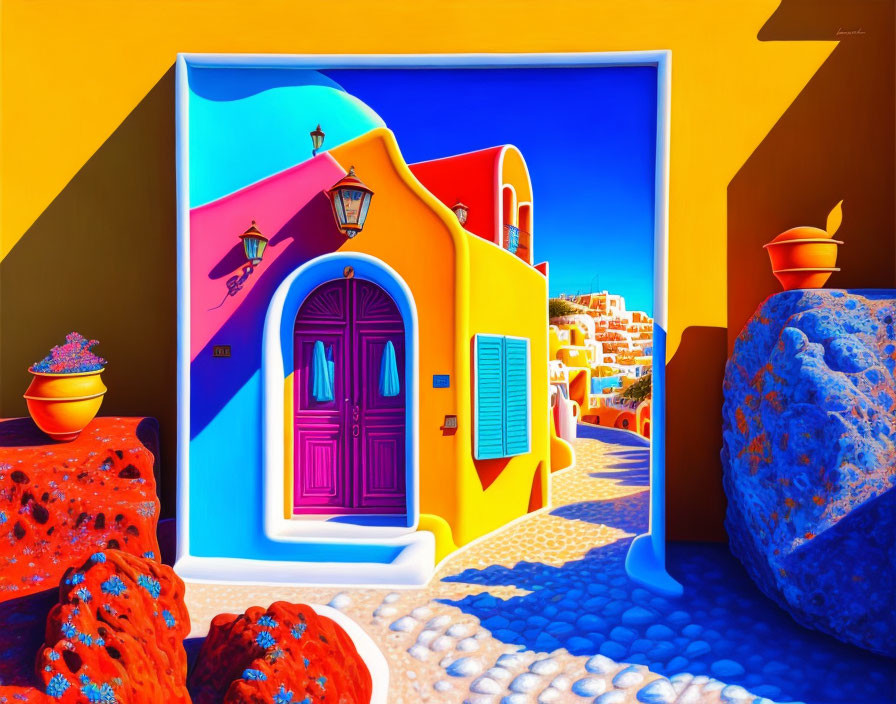 Colorful Mediterranean-style building art with blue and orange hues on yellow background