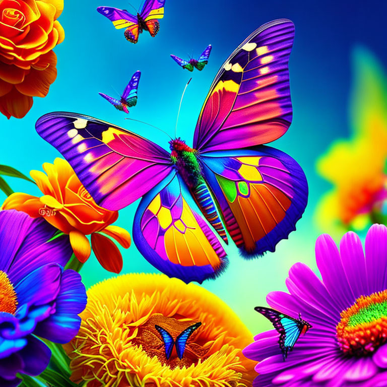 Colorful Butterfly Artwork with Flowers and Blue Background