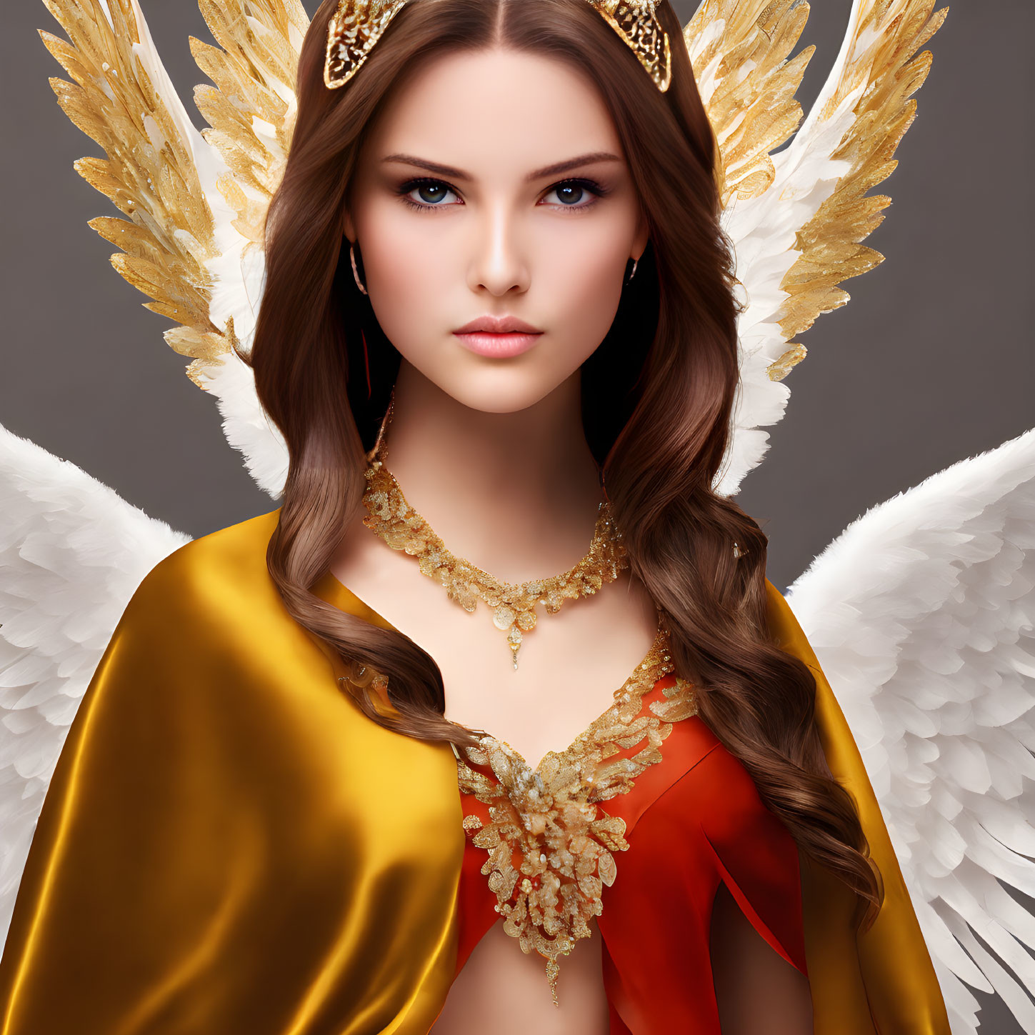 Digital artwork: Woman with angelic wings and ornate gold accessories on grey backdrop