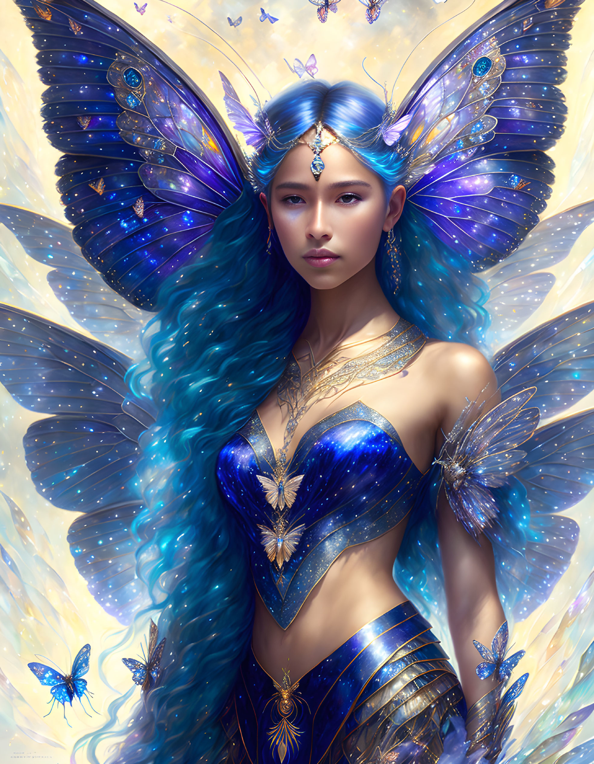 Fantasy illustration of woman with blue hair and butterfly wings, gold jewelry, surrounded by small butterflies.