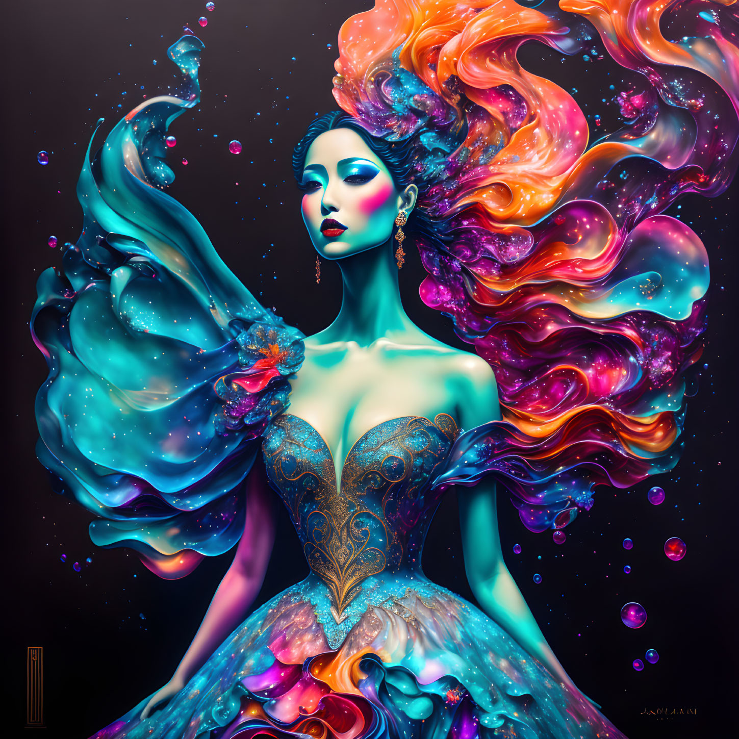 Colorful Illustration of Woman with Multicolored Hair and Cosmic Dress