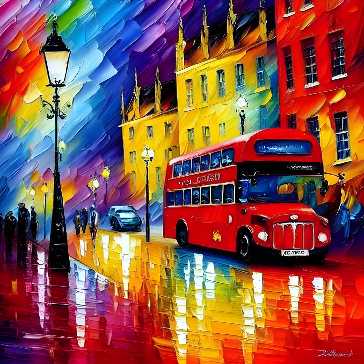 Vibrant painting of red double-decker bus on rainy city street at night