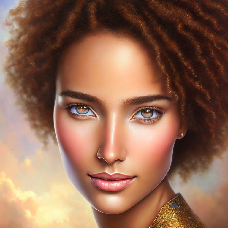 Portrait of a woman with curly hair and blue eyes on cloudy backdrop
